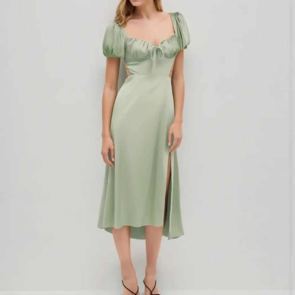 Cider Sage Green Midi Dress with Puff Sleeves